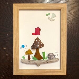 SEA GLASS ART WALL ART Framed Nature Art with Red Bird and Mushrooms